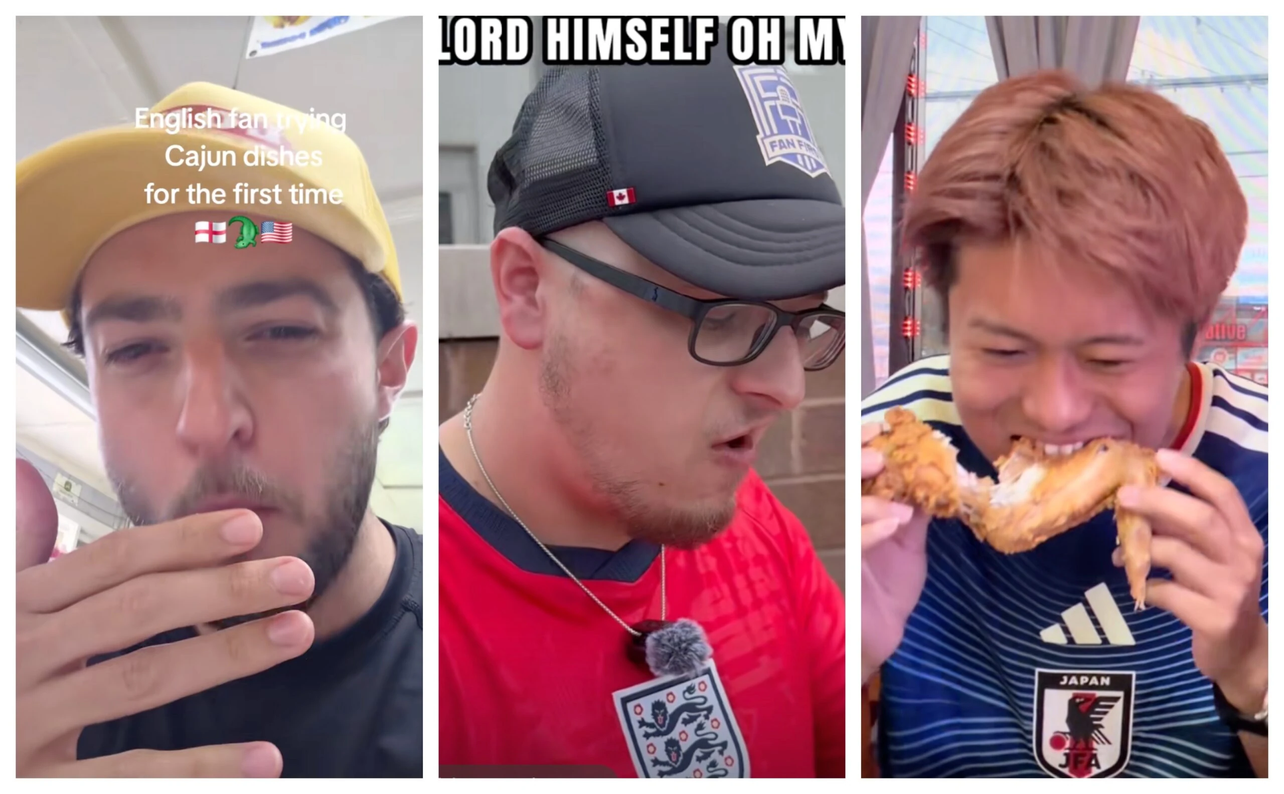 Collage di video TikTok di tifosi stranieri che assaggiano cibo americano per la prima volta