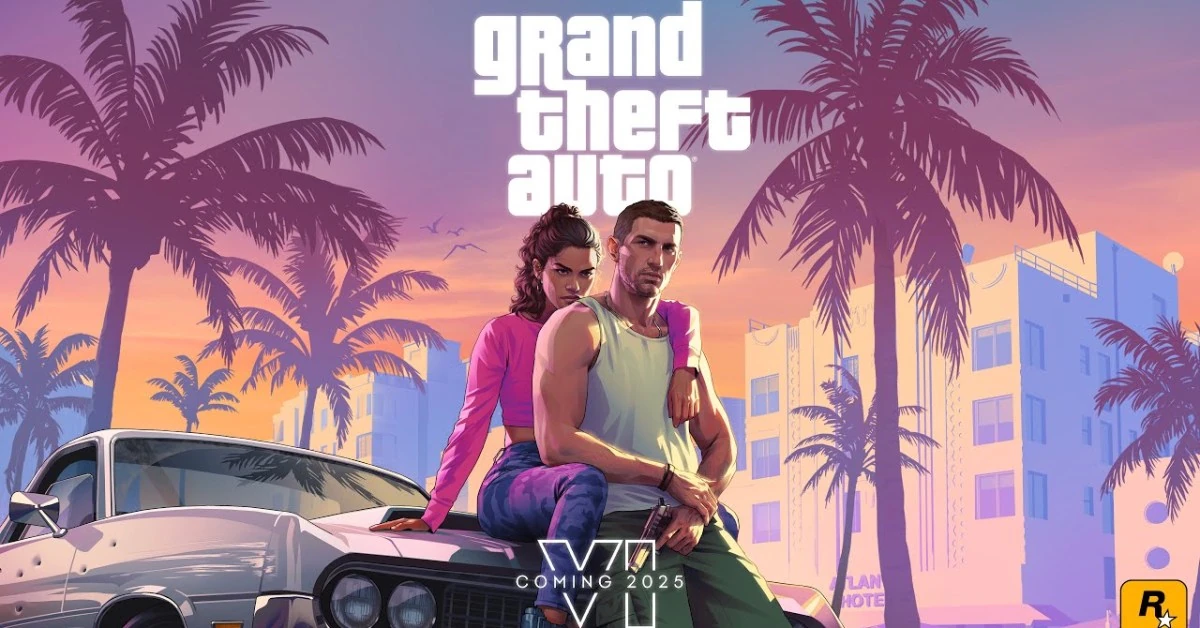 Artwork promozionale di Grand Theft Auto VI con logo e protagonisti davanti a un'auto