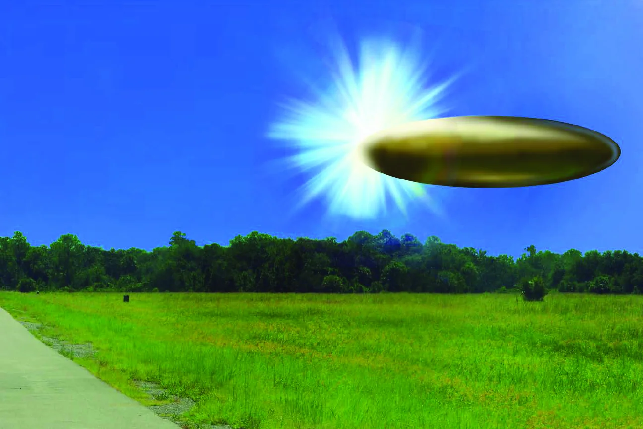 Illustrazione di un disco volante sopra un campo