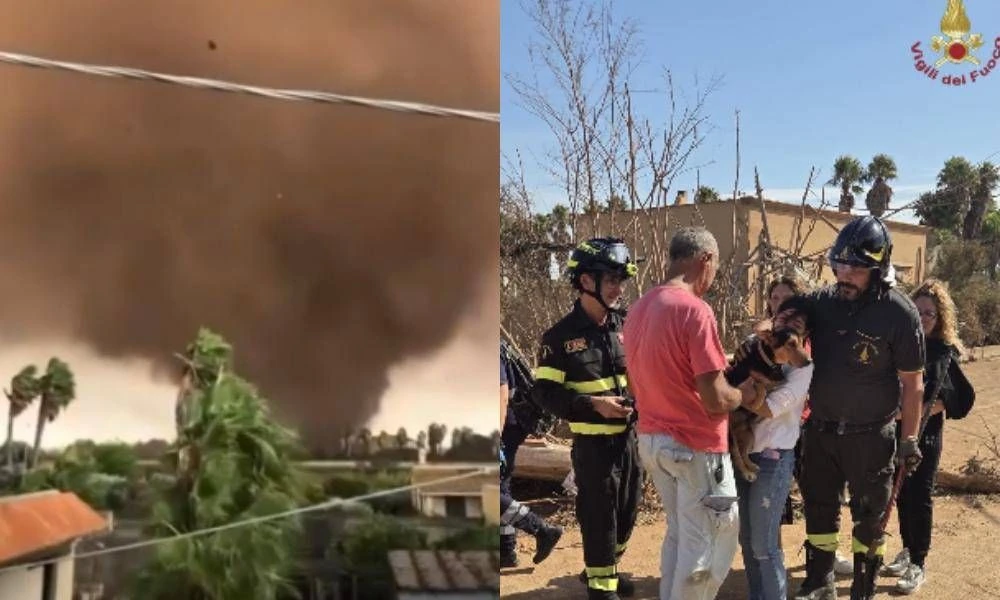 A sinistra il vortice che avanza tra le case di Marsala, a destra i vigili del fuoco con il cucciolo salvato dalle macerie
