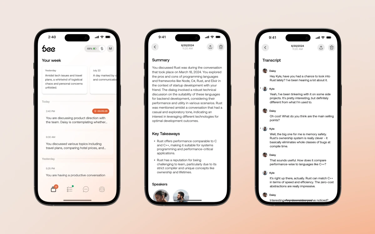 Schermate dell'app Bee con riepiloghi e trascrizioni di conversazioni
