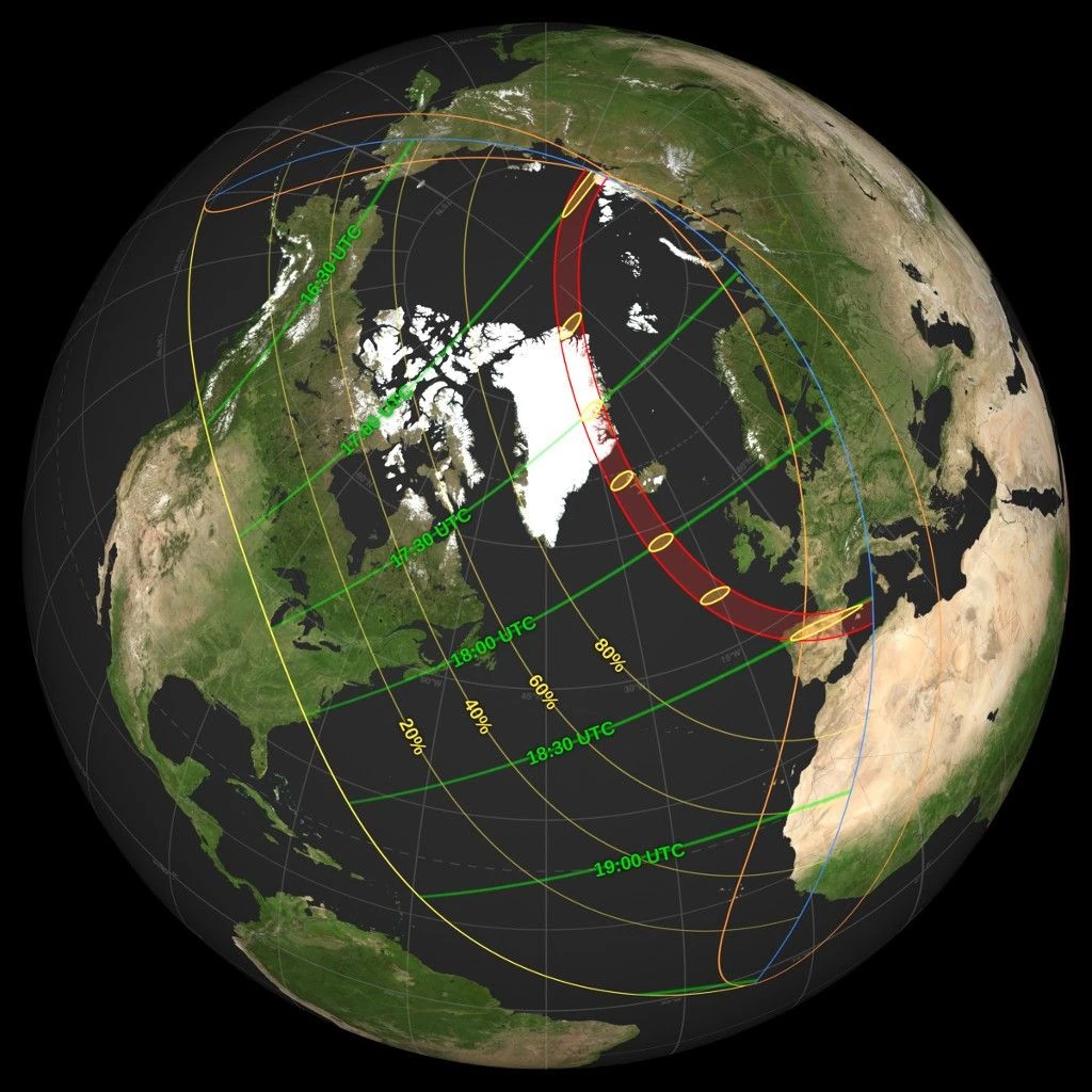 Mappa del percorso della totalita' dell'eclissi solare del 12 agosto 2026