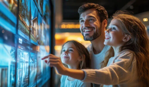 Un genitore e due bambini davanti a uno schermo interattivo