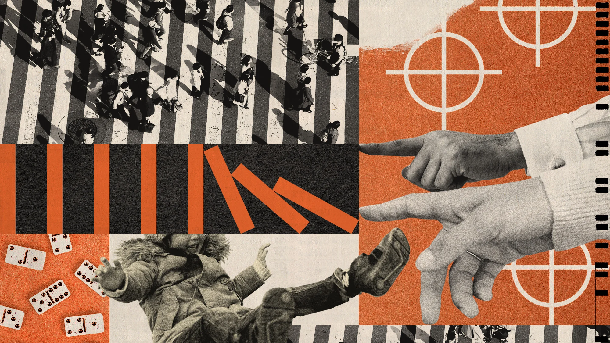 Collage di mani che rovesciano tessere di domino, una figura che cade e strisce pedonali