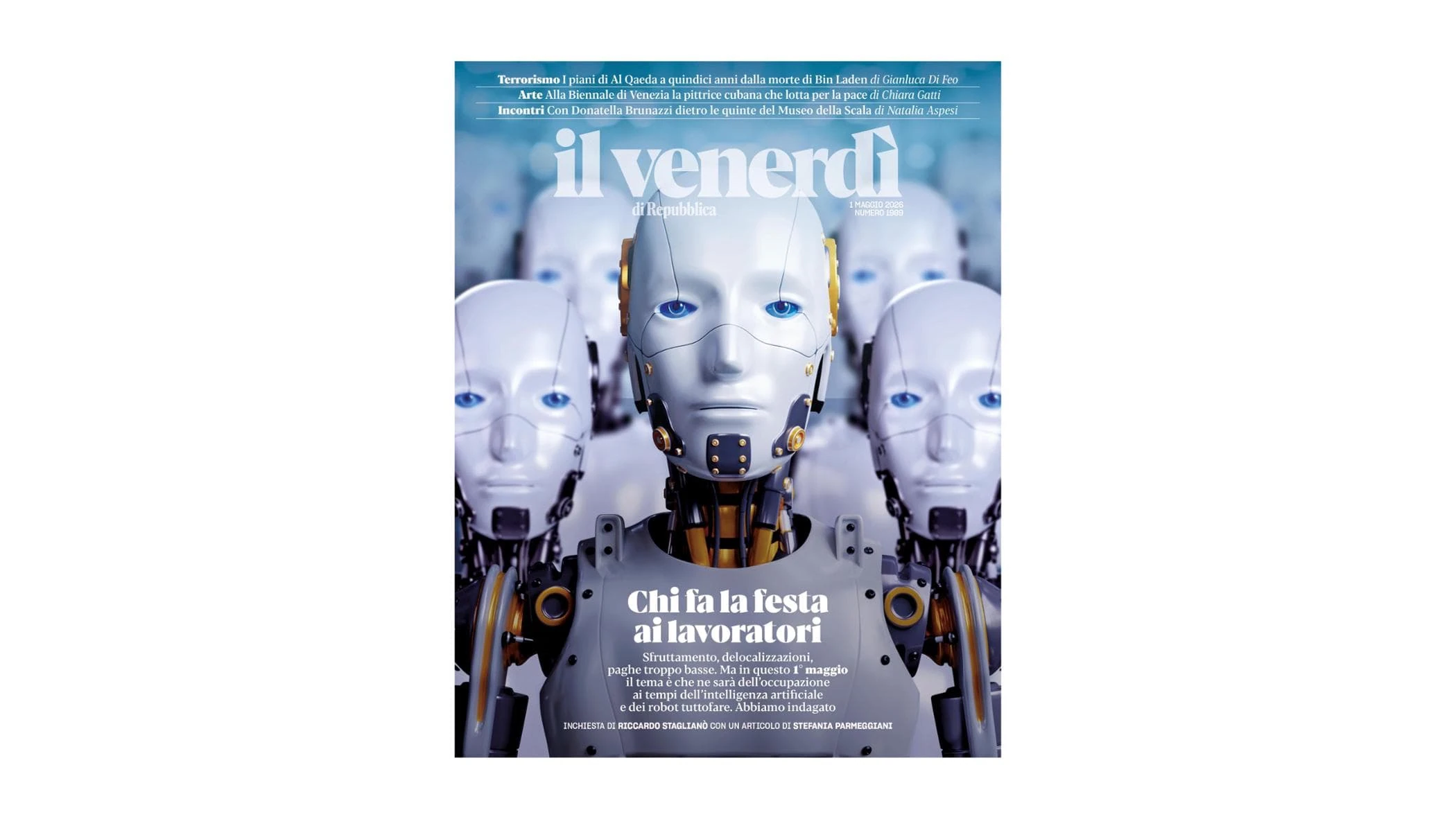 Copertina del Venerdì di Repubblica dedicata al futuro del lavoro nell'era dell'intelligenza artificiale e dei robot