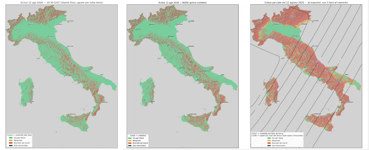 Mappa della visibilita' dell'eclissi parziale in Italia il 12 agosto 2026