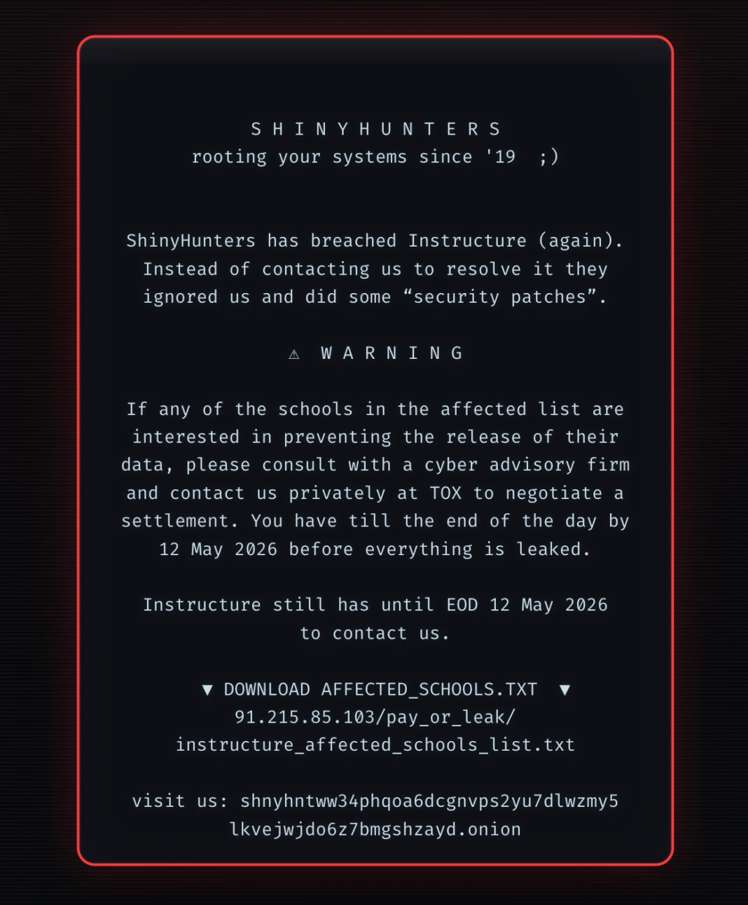Il messaggio lasciato dagli hacker di ShinyHunters