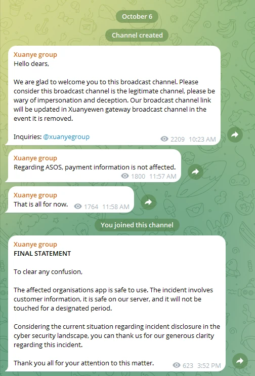 Il canale Telegram dello Xuanye Group con i messaggi su ASOS