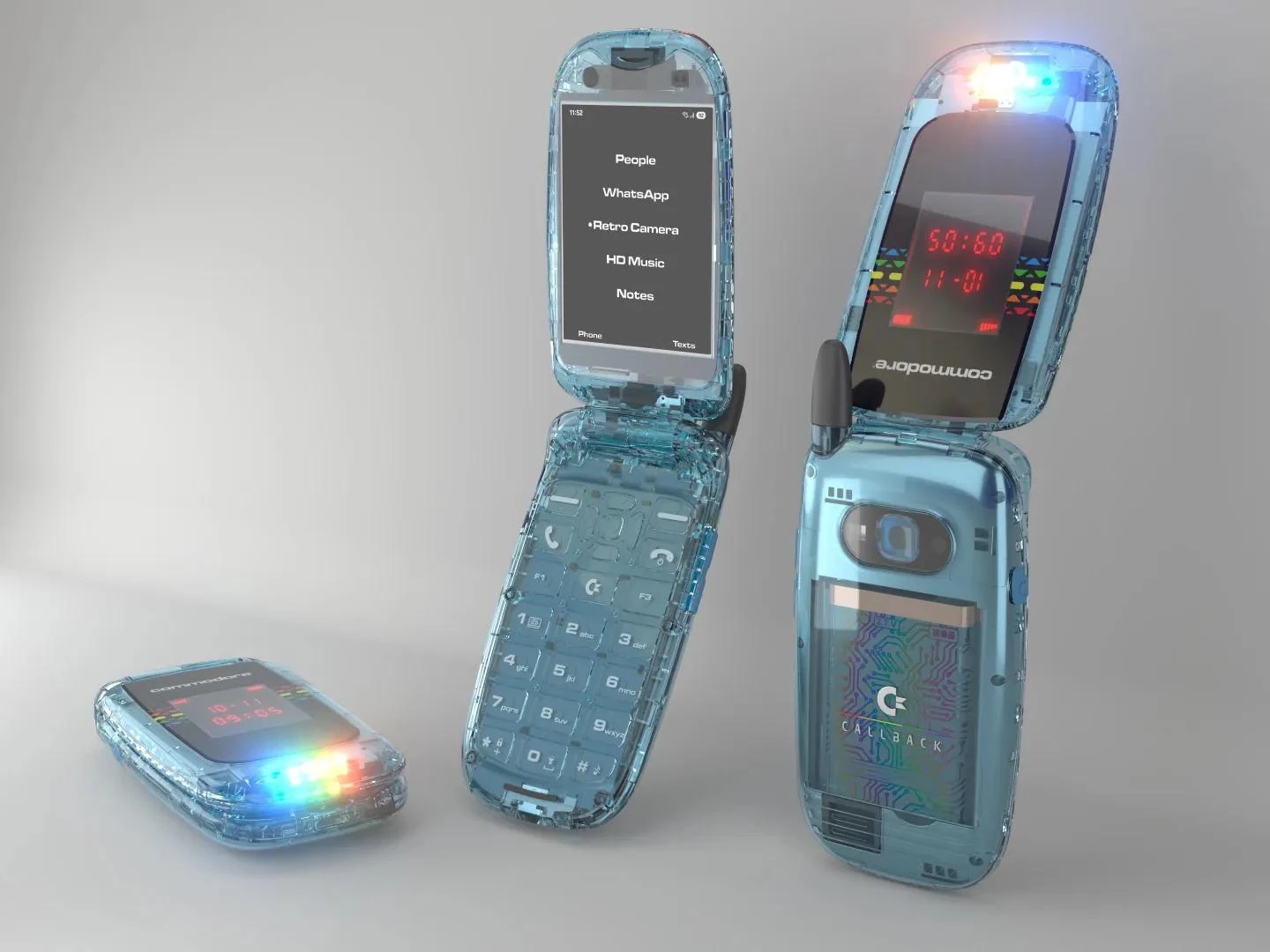 Tre Commodore Callback 8020 nella variante trasparente Y2K con LED colorati accesi