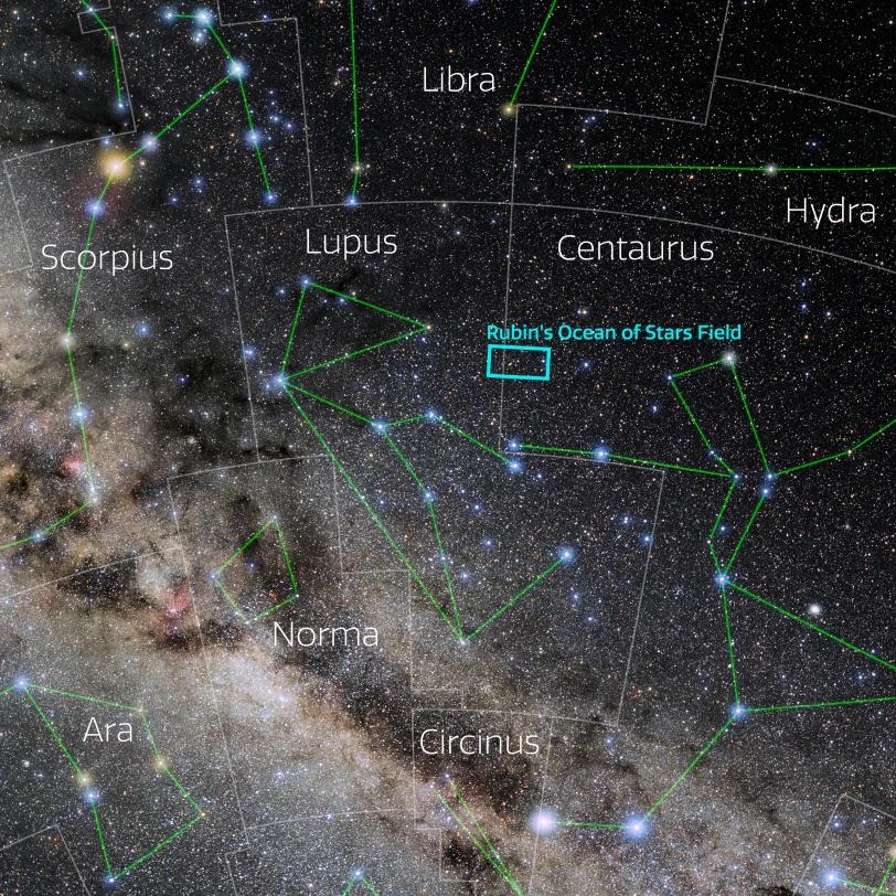 Mappa del cielo con la costellazione del Lupo e il campo Ocean of Stars fotografato da Rubin
