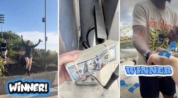 Persone che trovano contanti nascosti in citta durante un cash drop, con la scritta WINNER