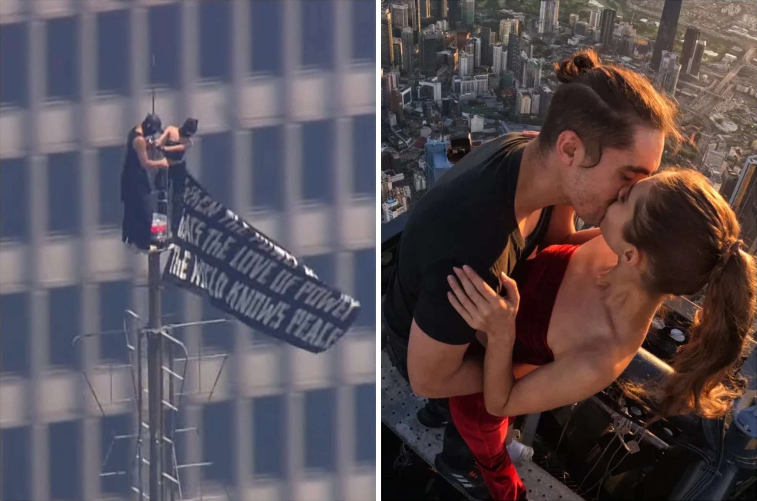 I due rooftopper srotolano il banner e si baciano in cima al grattacielo