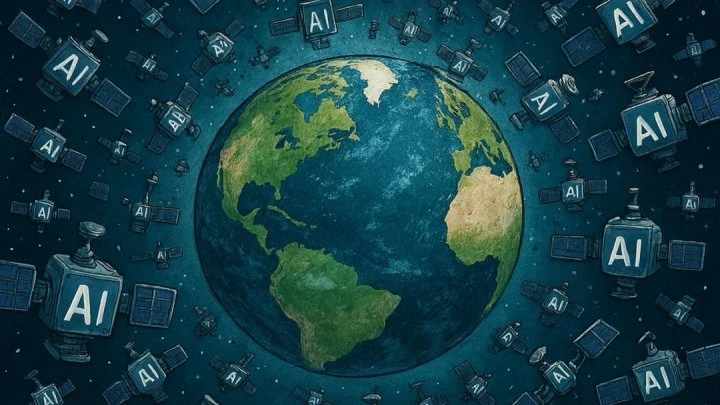 Rendering di un data center orbitale alimentato da pannelli solari nello spazio