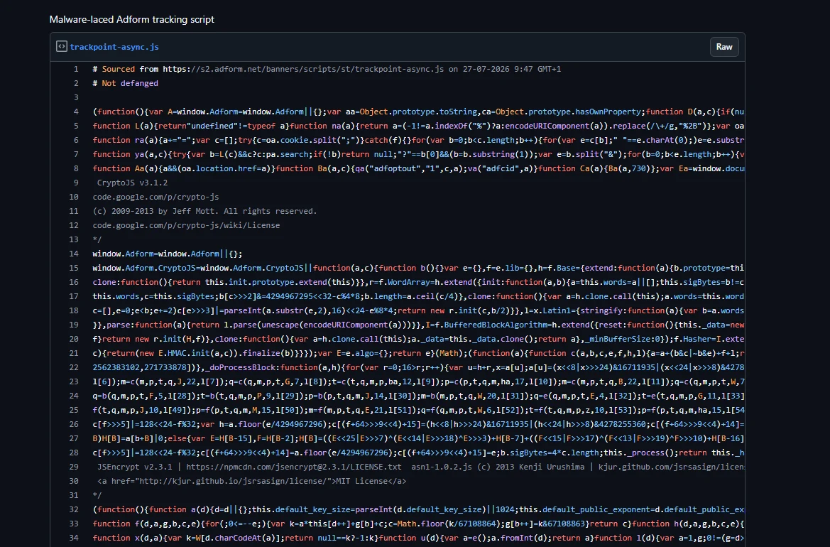 Codice malevolo iniettato nello script pubblicitario di Adform per rubare criptovalute