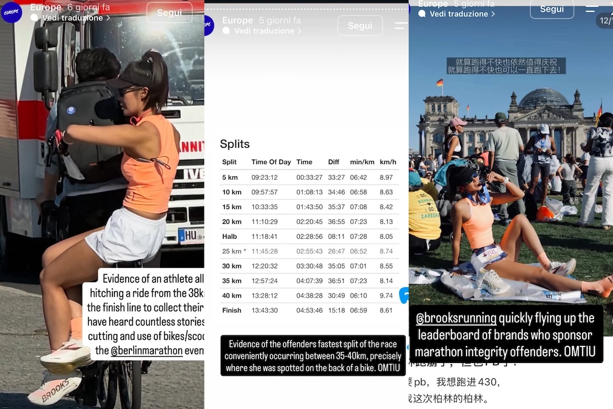 Le storie dell'OMTIU con la foto in bici, la tabella dei parziali della maratona e la foto dopo la gara