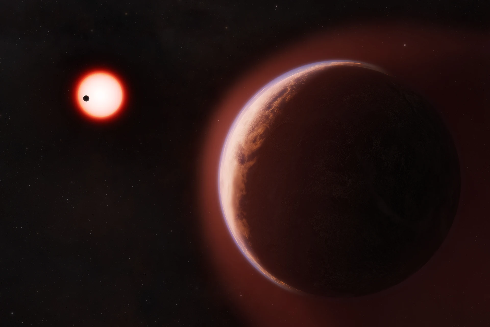 Rappresentazione artistica dell'esopianeta LHS 1140 b con la sua atmosfera ricca di elio