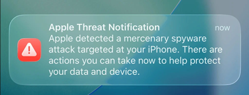 Screenshot della notifica di minaccia spyware di Apple sull'iPhone