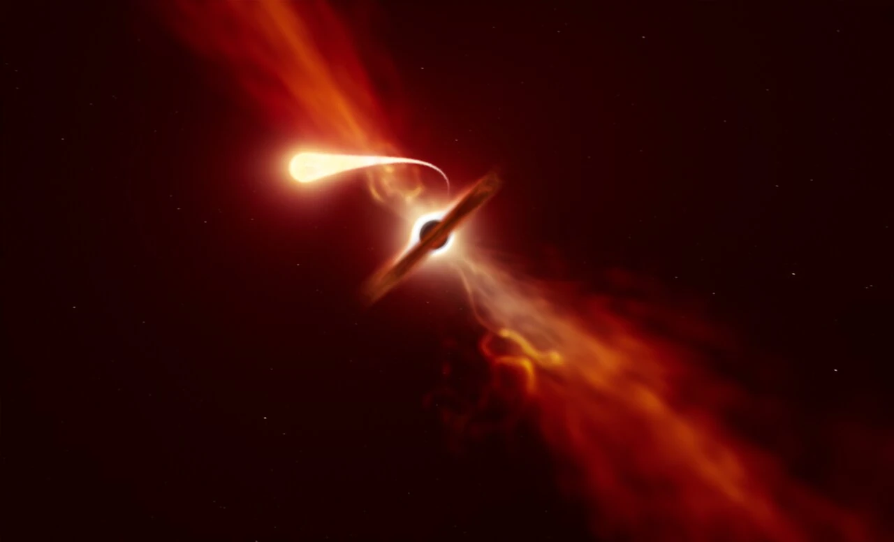 Illustrazione di una stella fatta a pezzi dalla gravità di un buco nero