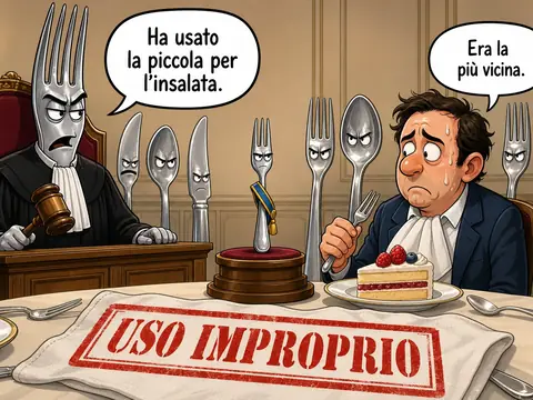Vignetta a tavola: una forchetta giudice processa un commensale sudato per aver usato la forchetta piccola con l’insalata.