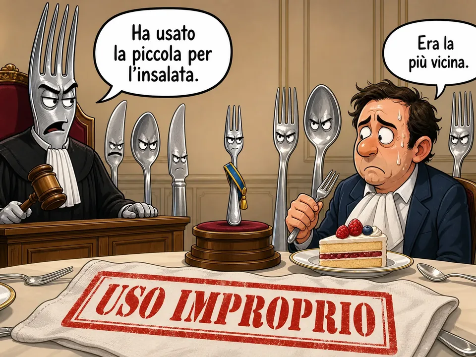 Vignetta a tavola: una forchetta giudice processa un commensale sudato per aver usato la forchetta piccola con l’insalata.