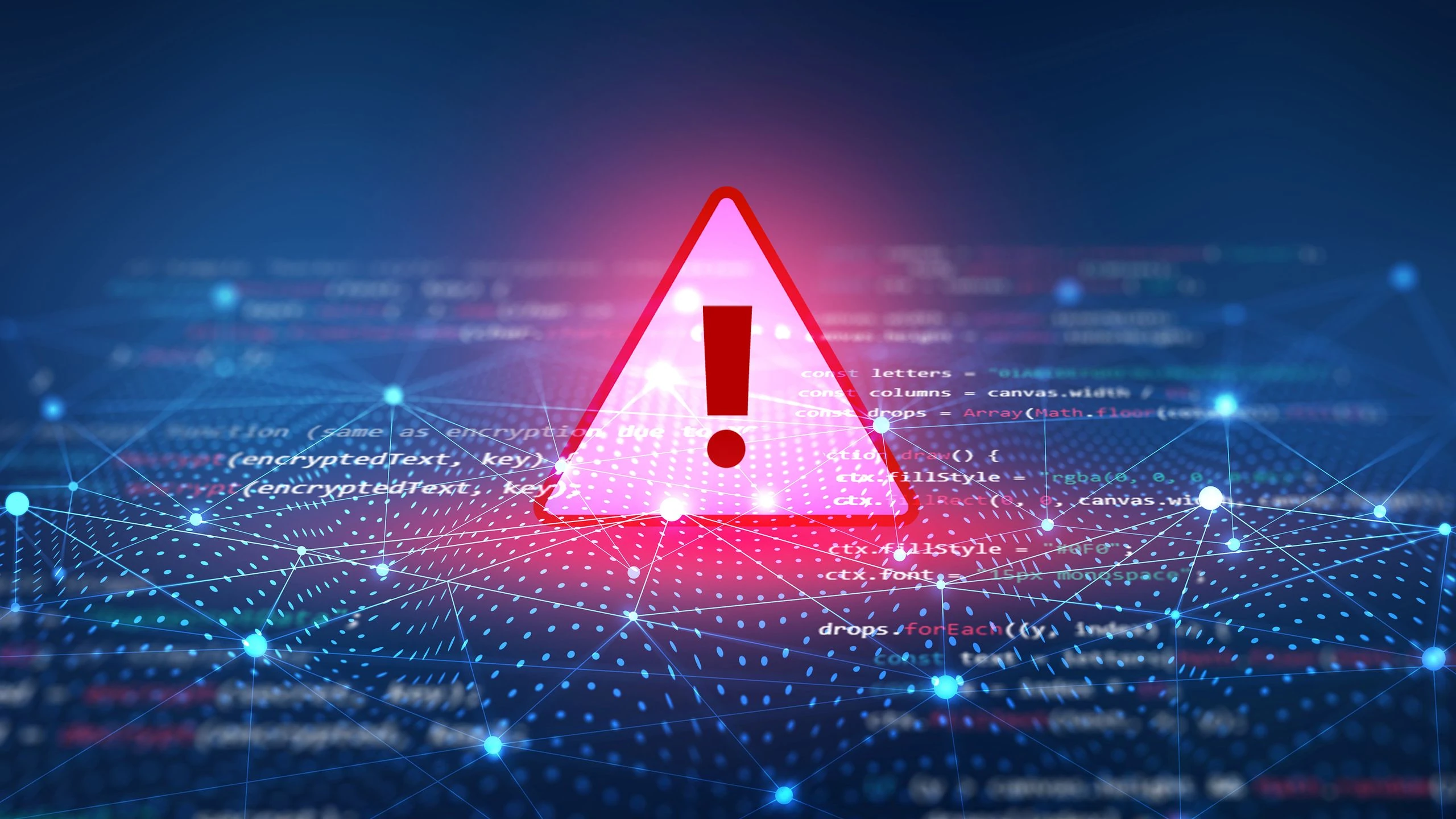 Triangolo di allerta rosso su sfondo di codice e rete: allarme sicurezza informatica