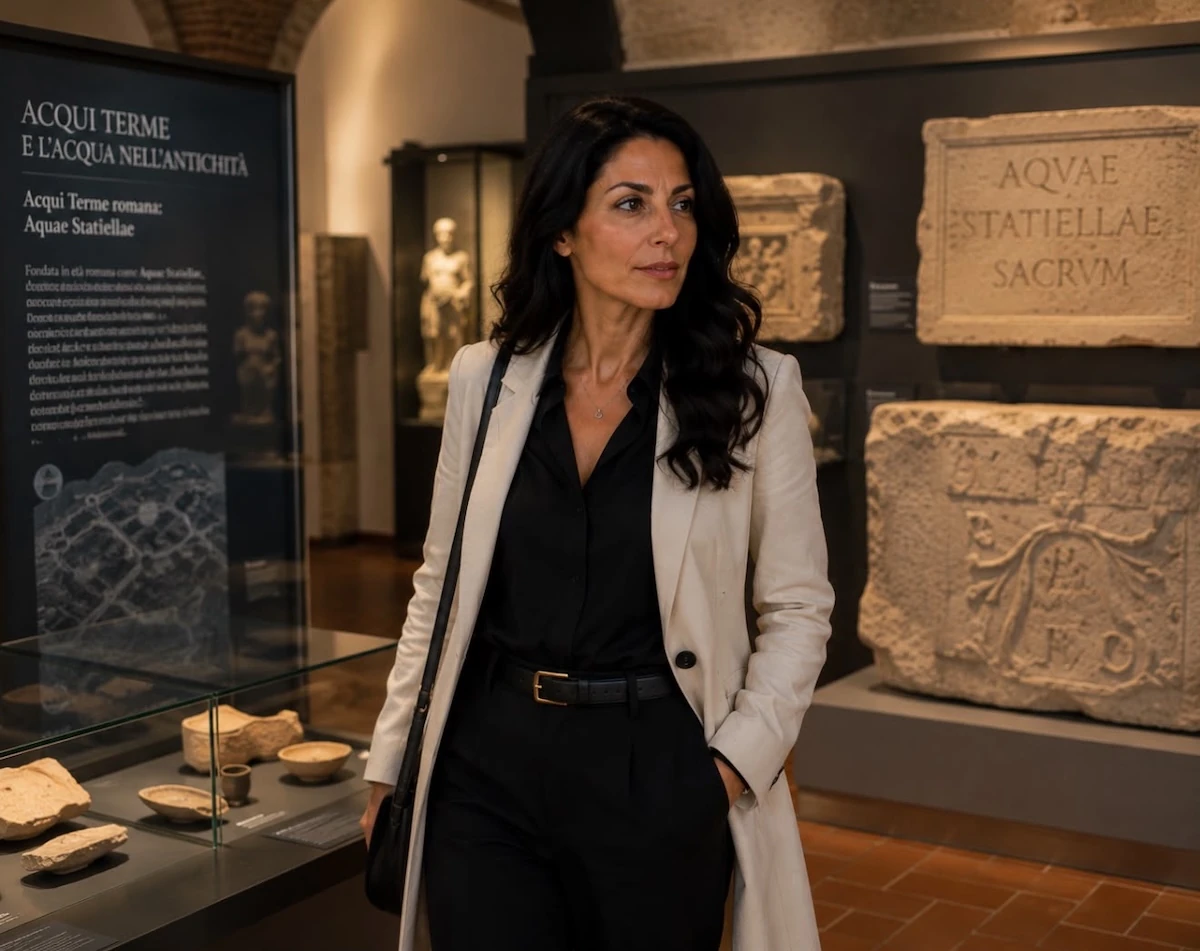 L'avatar di Eva Statiella generato con l'AI in un ambiente che ricorda il museo archeologico di Acqui Terme