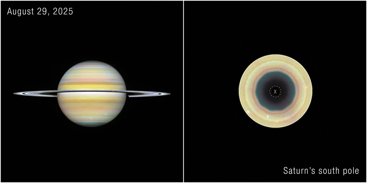 Due viste di Saturno da Hubble che mostrano l'onda atmosferica a dieci lati