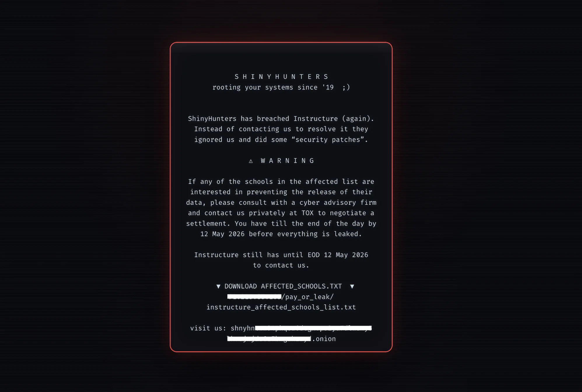 Schermata di login di Canvas modificata dagli hacker di ShinyHunters