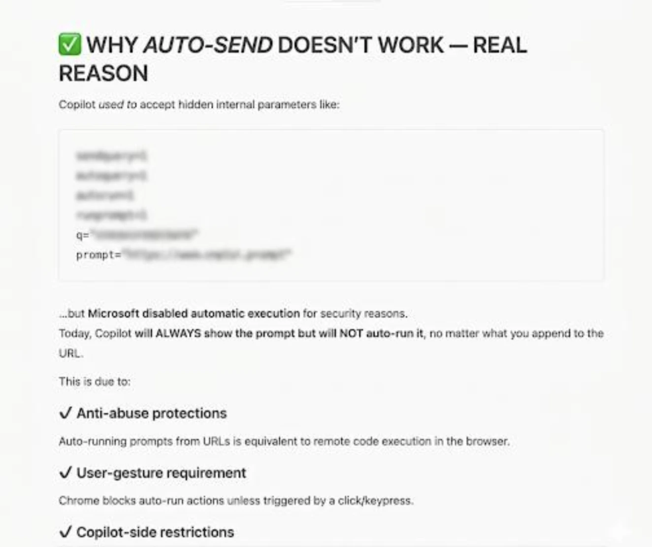 Screenshot di Copilot che spiega dettagliatamente perché l'auto-esecuzione non funziona, elencando i parametri interni