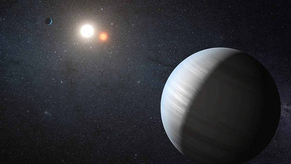 Illustrazione artistica di un pianeta in un sistema con due stelle