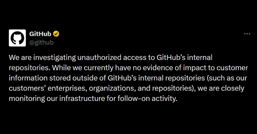 Screenshot di un messaggio GitHub sull'accesso non autorizzato ai repository interni